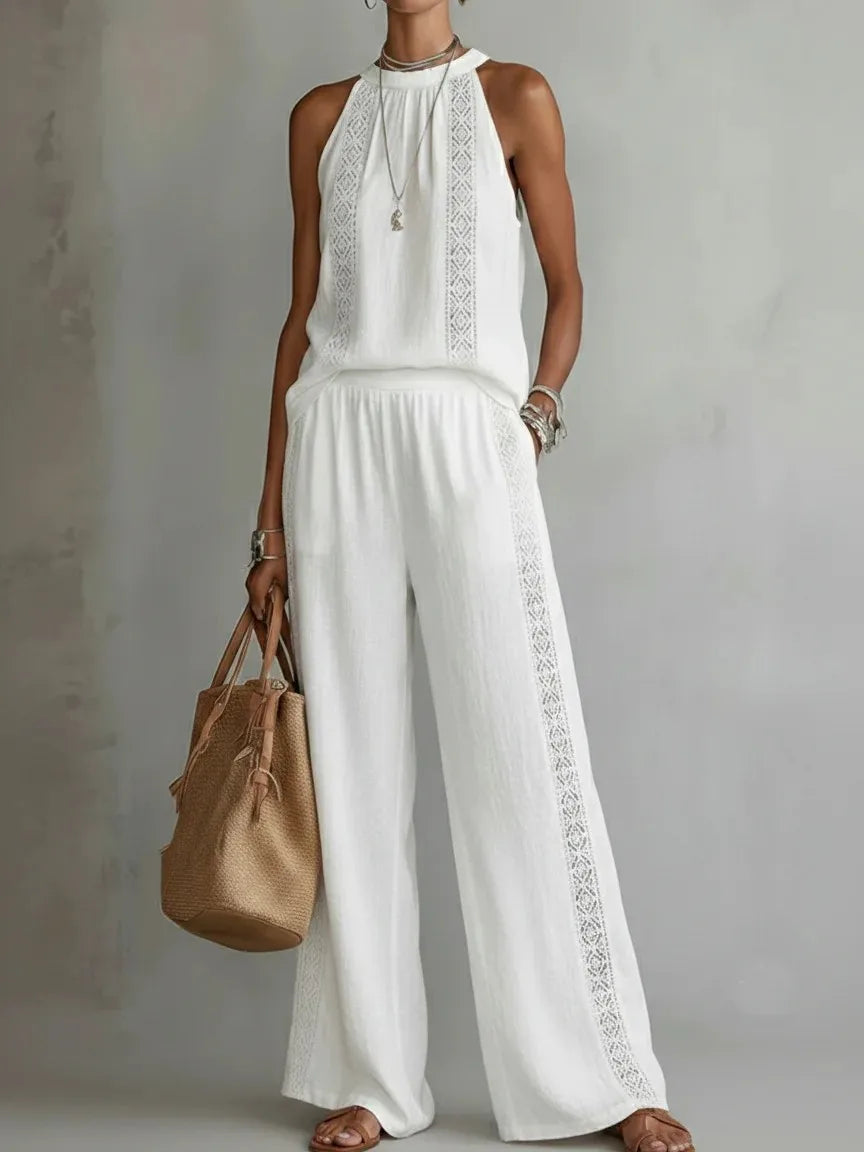 Sexy Halter Neck Sleeveless Tops Women's Suit Summer New Fashion Loose Retro Hollow Lace Pocket Wide Leg Pants 2-piece Set 2026
