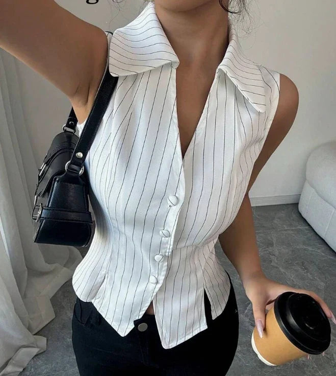 Sleeveless Lapel Short Sleeved Solid Color Button Women's Suit Jacket High Street Fashion Daily Elegant Summer Top