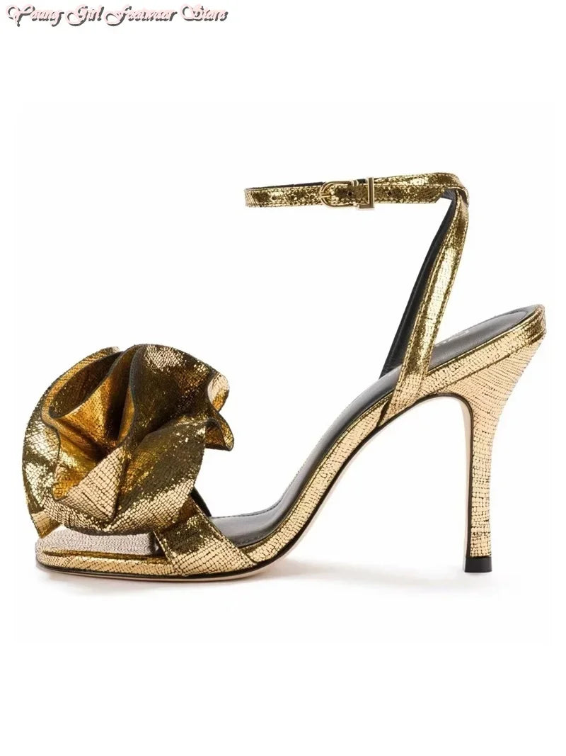 gold Roses One-strip Women's Sandals Pointed French Runway Style High Heel 2026 Spring Autumn Style Manual Luxury Women's Shoes