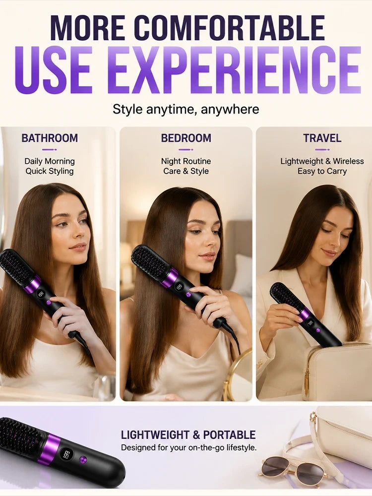 Electric Hair Straightener Brush Rechargeable Ceramic Styling Comb with Temperature Display for Women Daily Care