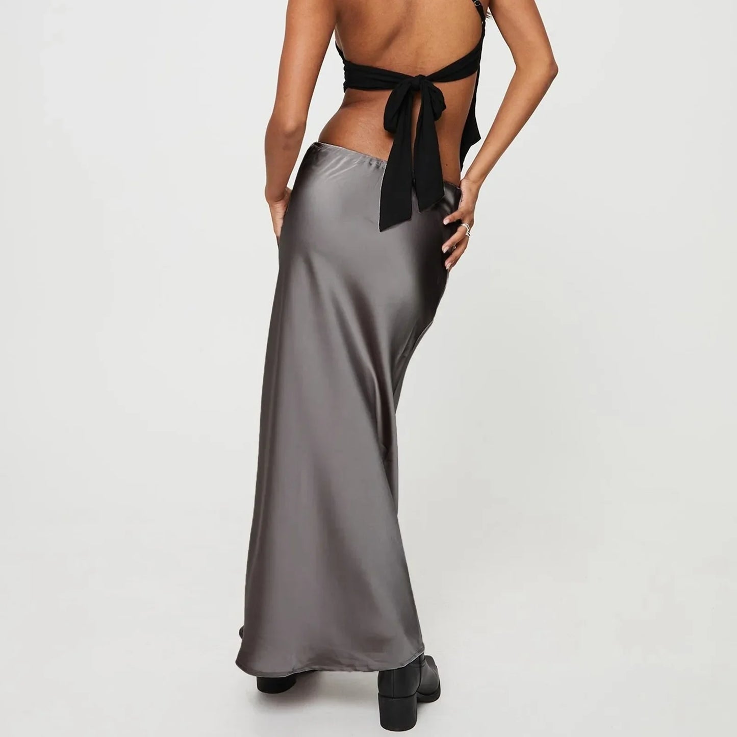 Women'S Solid Color Satin Long Dress High Waist Drawstring Dress Maternity Skirts Reflective Dress Trailing Dress Ropa De Mujer