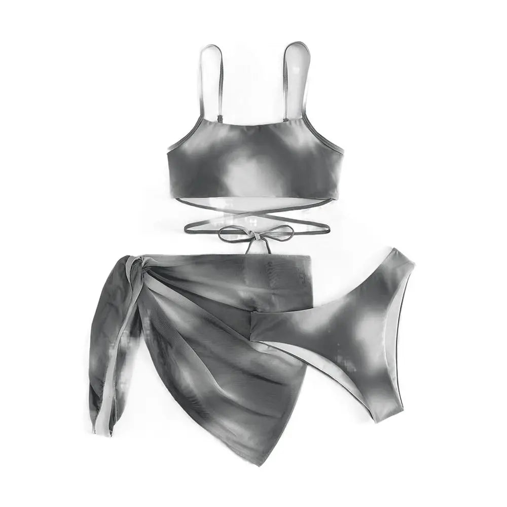 Women's 3 Piece Gradient Tie Dye Bathing Suit Lace Up High Cut Bikini with Beach Skirt