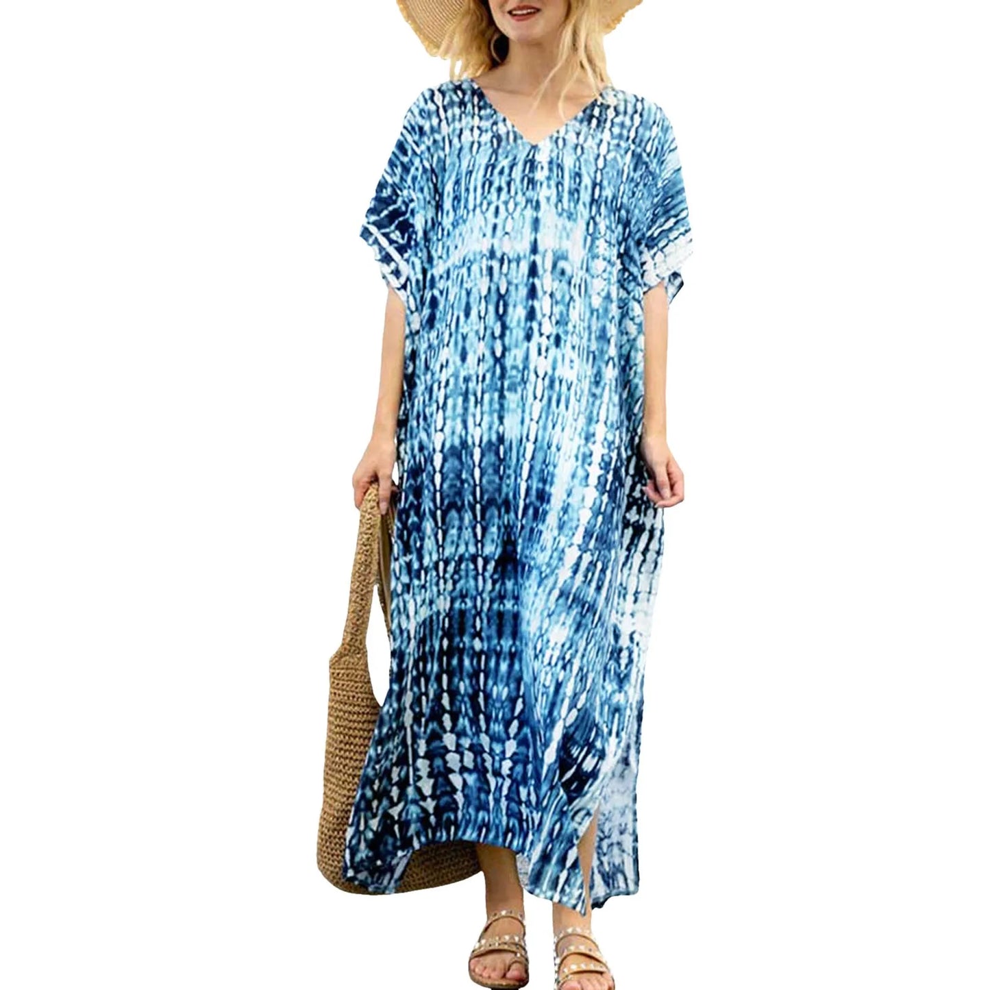 Womens Plus Size Kaftans Casual V Neck Puff Sleeve Boho Loose Floral Long Soft Beach Maxi Summer Swing Party Dresses For Women