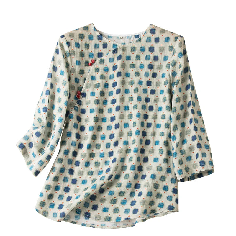 Vintage Cotton Linen Ramie Crewneck Tops Women's New Loose Pullover Print Shirt Casual Summer Tops