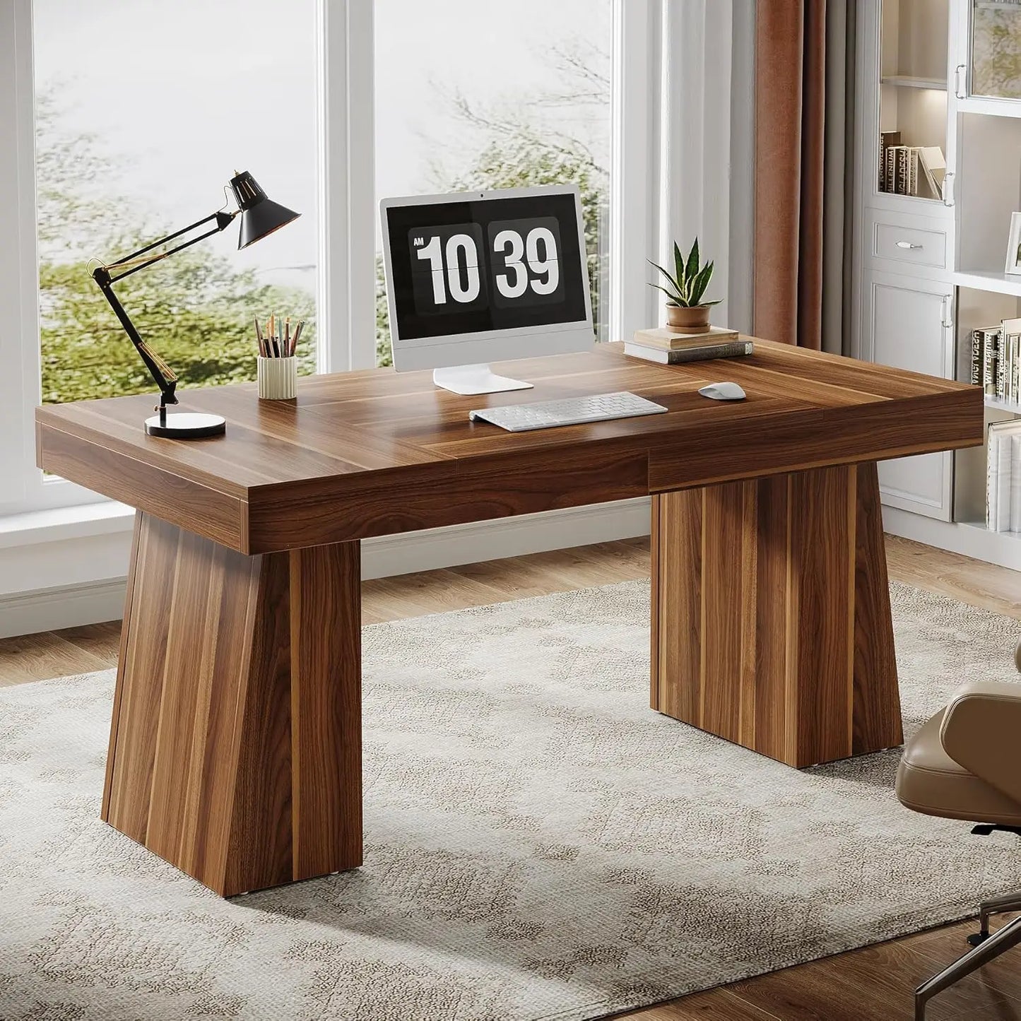 Executive Desk, Modern Home Office Desk with Trapezoid Base, Wood Computer Desk Workstation Small Conference Table.