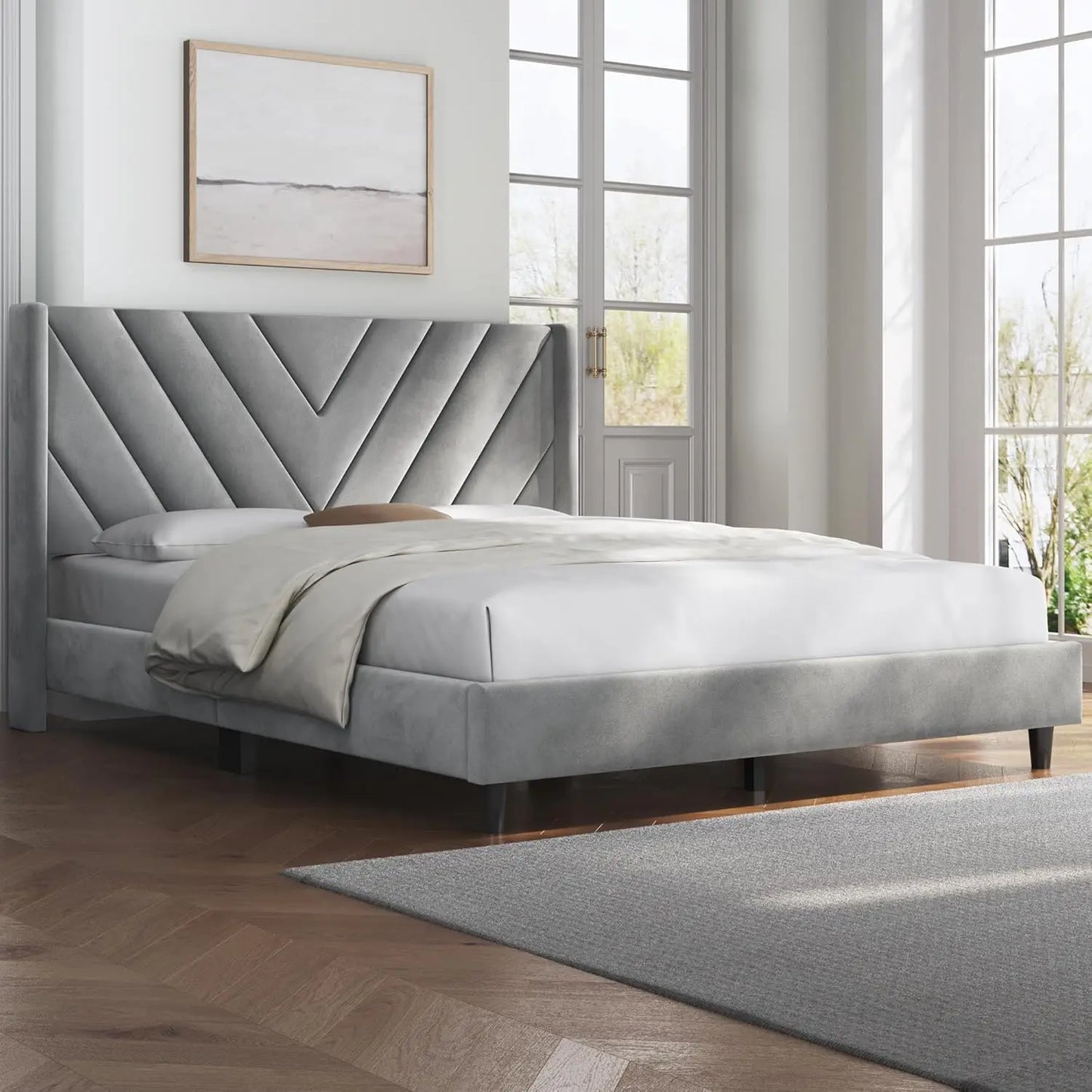Queen Bed Frame Upholstered Platform Wooden Slat Support with Wing Side