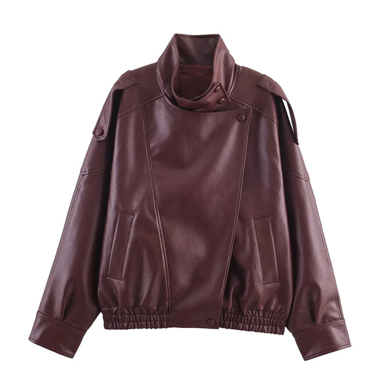 Women Fall 2025 New Black Long Sleeve Pebble Faux Leather Jacket.