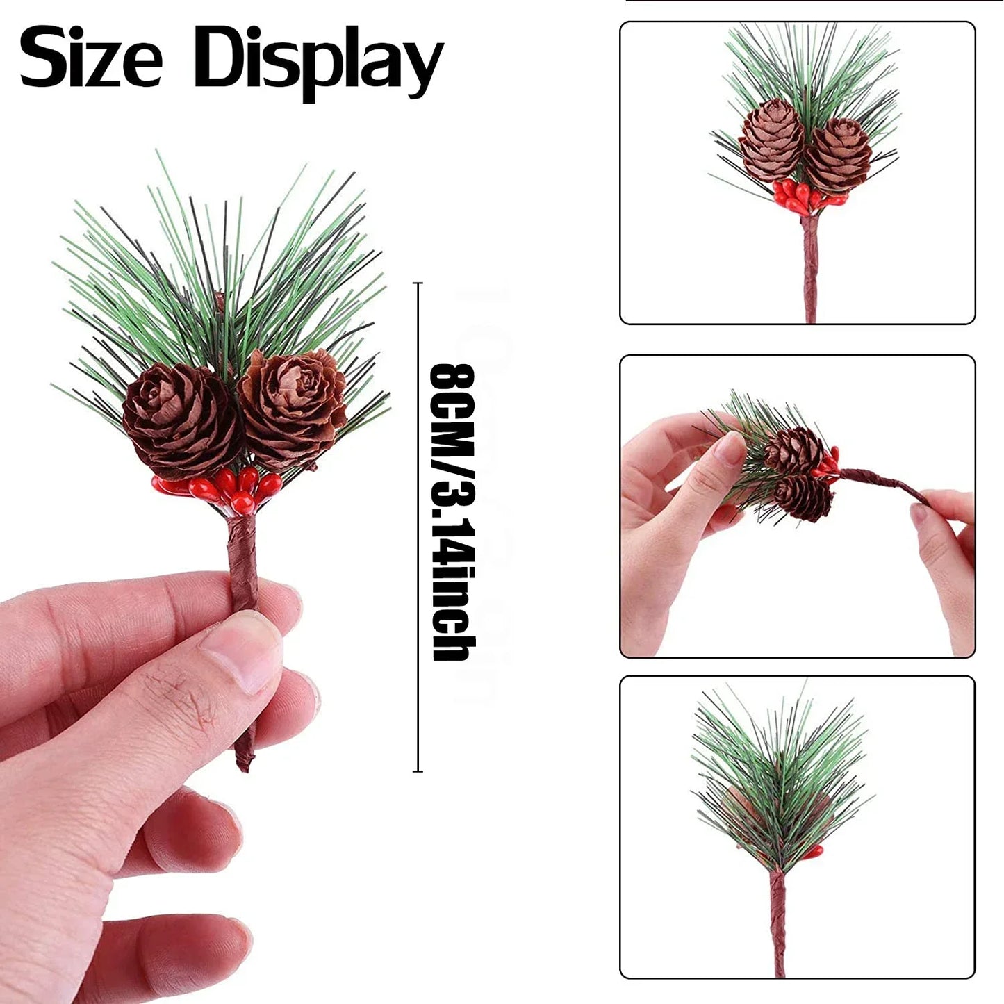 10Pcs Christmas Mini Pinecones Pine Needles Branches with Artificial Red Berry Stems for Xmas Tree Garland DIY Craft Gifts Decor
