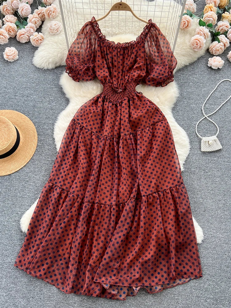 Summer Women Red/Green/White Polka Dot Chiffon Long Dress Beach Vacation Sexy Short Puff Sleeve High Waist A-Line Party Robe New