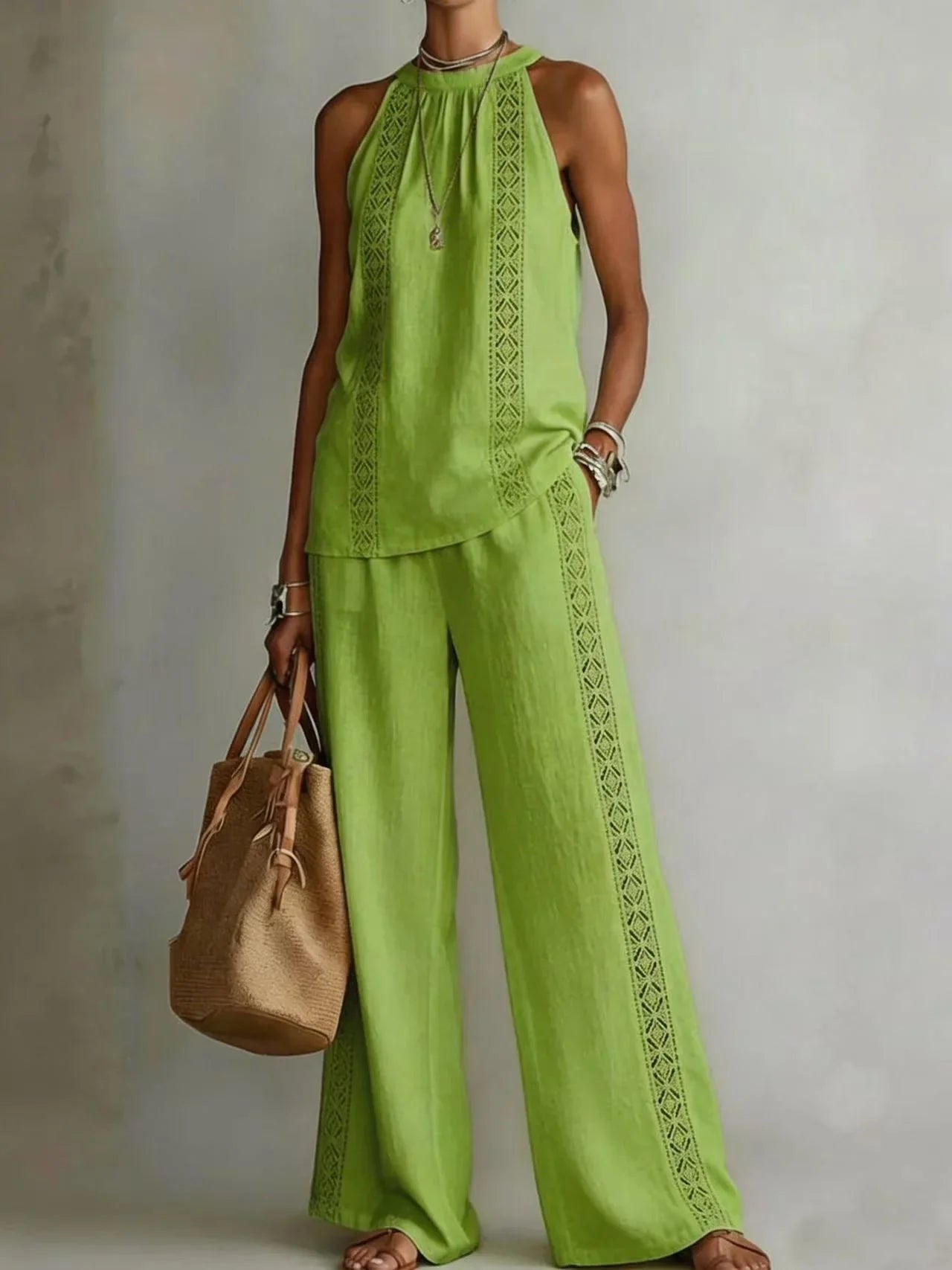 Sexy Halter Neck Sleeveless Tops Women's Suit Summer New Fashion Loose Retro Hollow Lace Pocket Wide Leg Pants 2-piece Set 2026