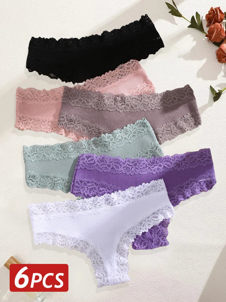 6PCS/Set Women Sexy Lace Brazilian Panties, Low-Waist Elastic Underwear S-XL.