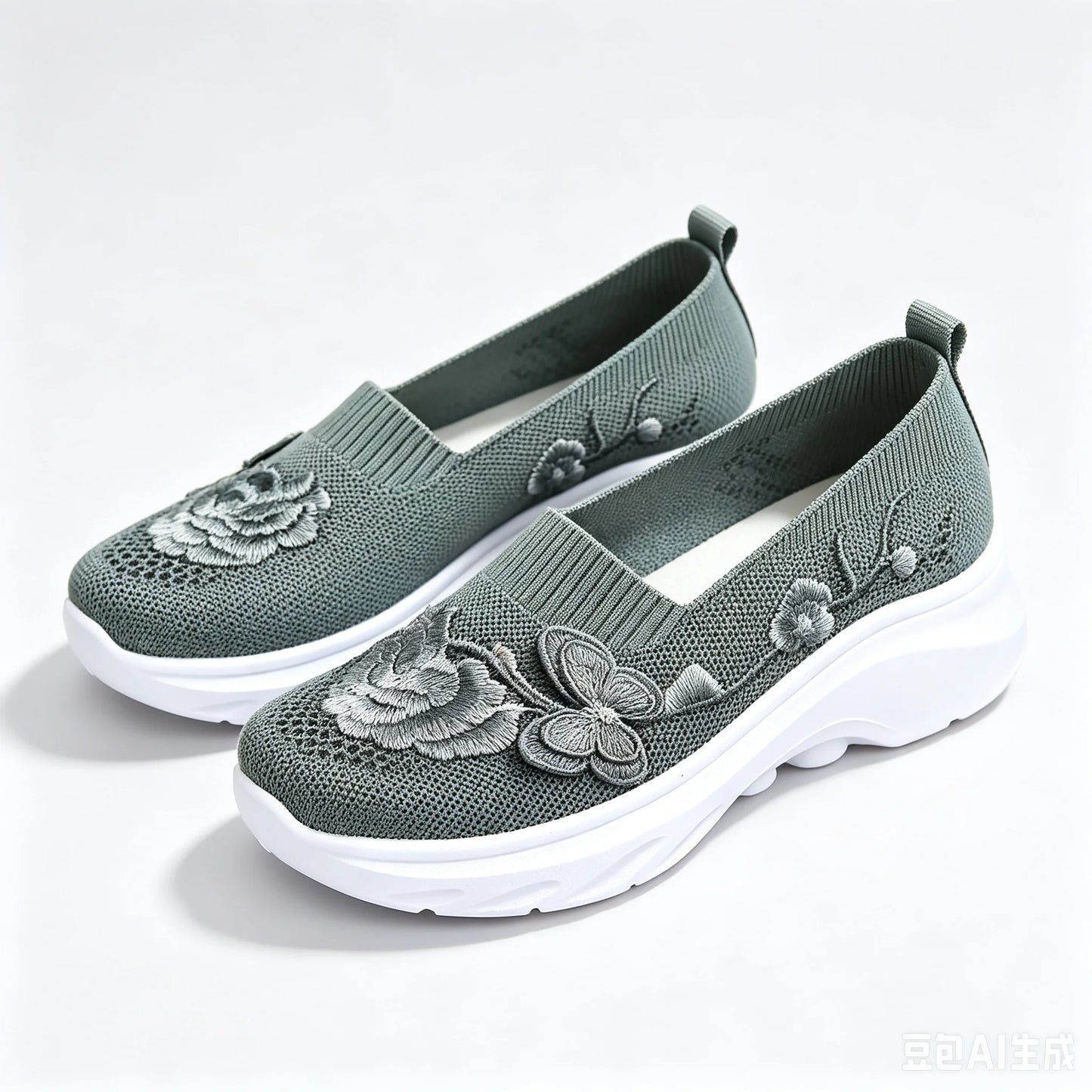 2026 Summer Women Breathable Knit Floral Embroidery Platform Loafers Slip On Walking Shoes Lightweight Soft Cushion Insole Anti Slip Wedge Sole Comfort Casual Daily Outdoor Travel Nurse Footwear Black Khaki Green Multiple Siz