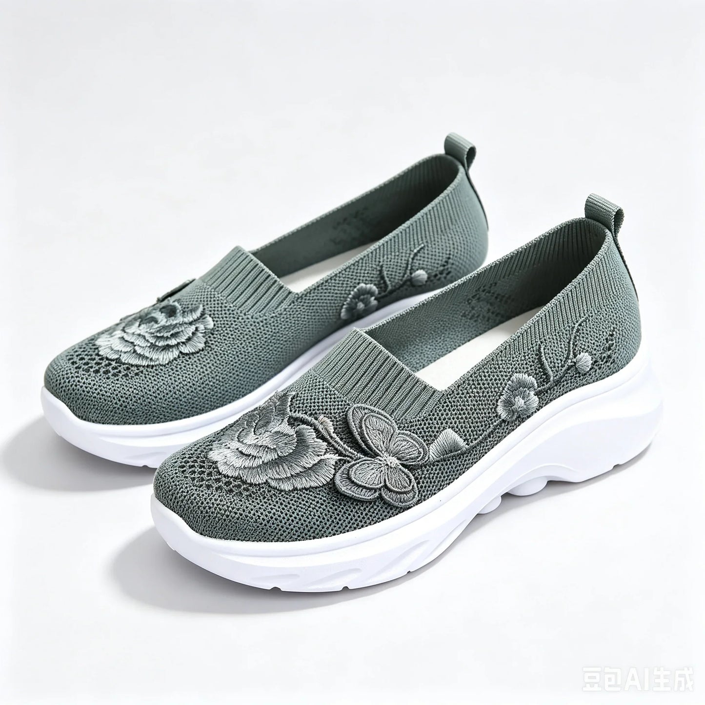 2026 Summer Women Breathable Knit Floral Embroidery Platform Loafers Slip On Walking Shoes Lightweight Soft Cushion Insole Anti Slip Wedge Sole Comfort Casual Daily Outdoor Travel Nurse Footwear Black Khaki Green Multiple Siz