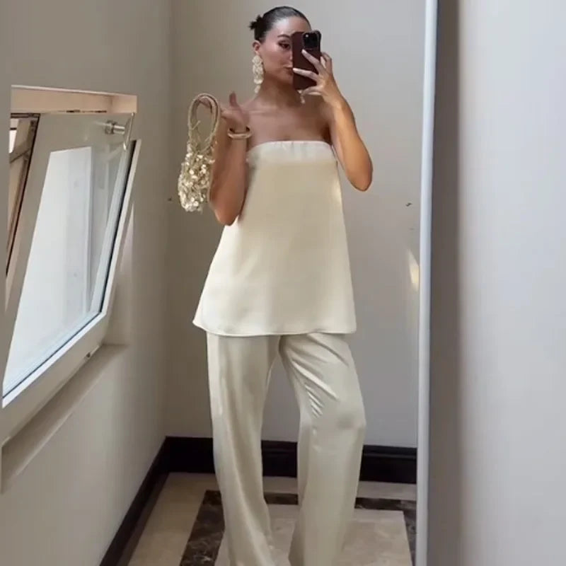 HXAO Satin Pant Sets Women's Two Pieces Set Strapless Off Shoulder Tube Vest 2 Piece Sets Woman Outfit High Waist Trousers Sets