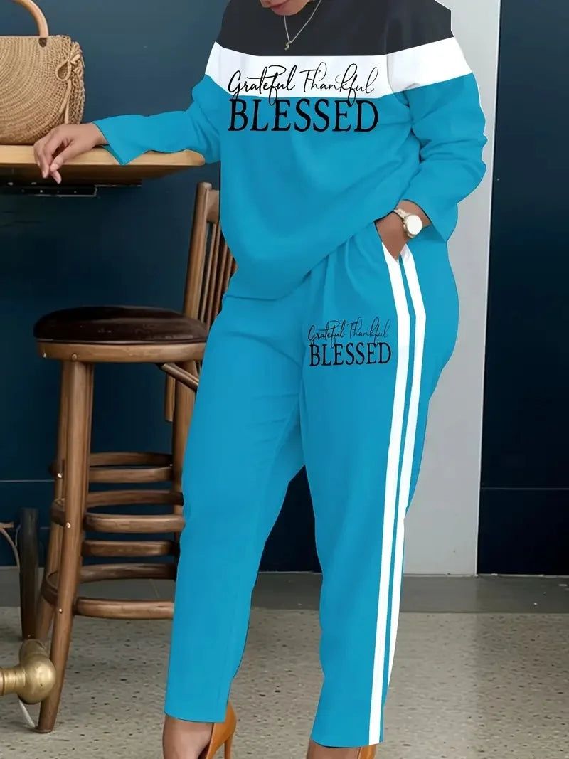 Plus Size Women's Casual Suit, Fashionable Letter Print Striped Color Two-Piece Set.