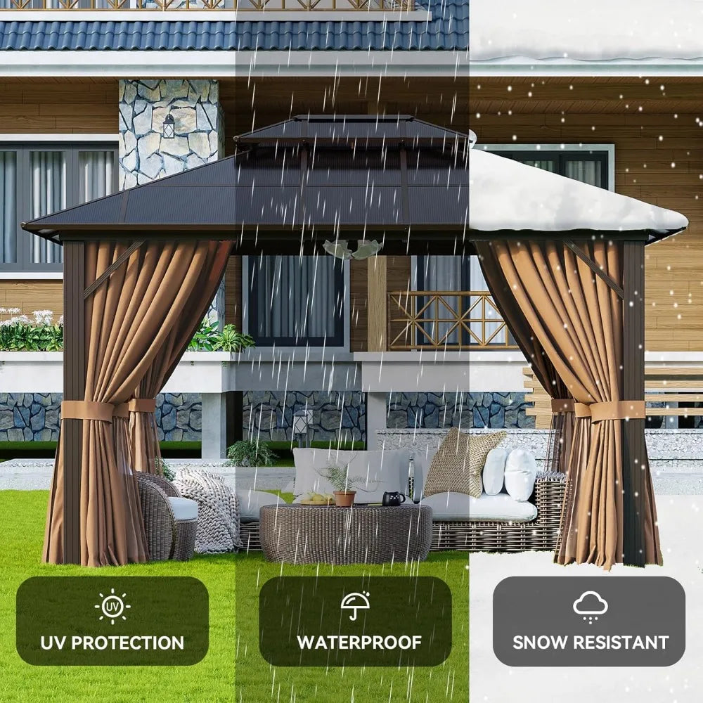 10'x12' Hardtop Gazebo, Aluminum Frame Permanent Pavilion with Curtains, Outdoor Polycarbonate Gazebo, Double Roof Canopy