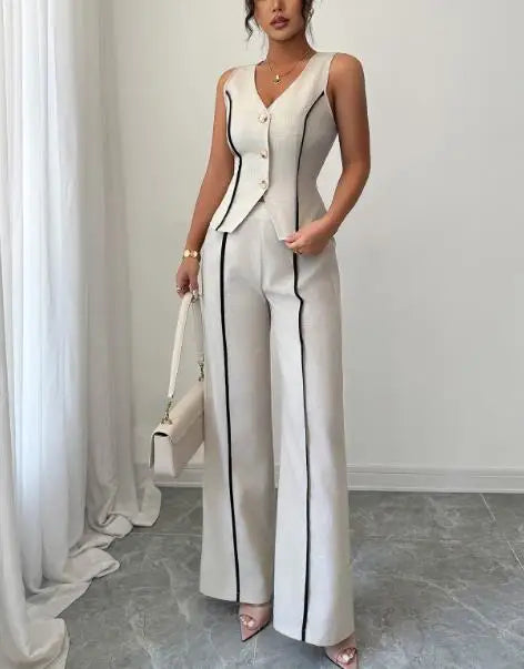 Two Piece Set Women Outfit 2026 Spring Summer New Contrasting V-Neck Sleeveless Single-Breasted Vest & Casual Straight Pants Set