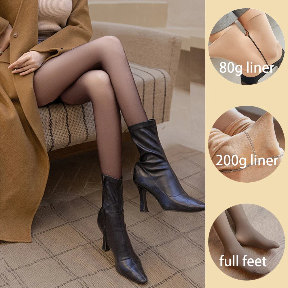 Loozykit Fleece Leggings Women's Insulated Tights Winter Thermal Stockings Sexy High Waist Elastic Pantyhose Skin Effect Socks