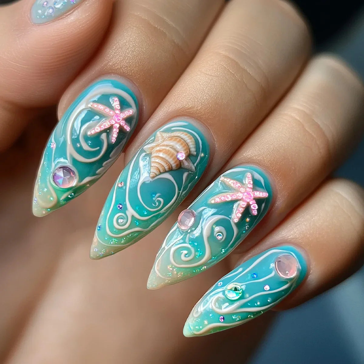 24Pcs Mid-length Almond Press on Fake Nails,3D Ripple Heart ,Pearl Star, Blue Smudge Detachable Full Cover Nails Tips.