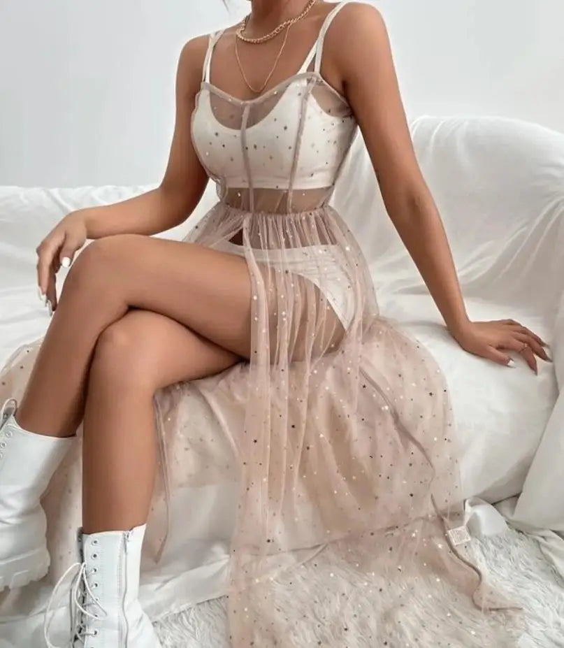 Yiiciovy Sexy Women's Beach Cover Up Dress Sleeveless Square Neck Beach Holiday Sequined Split Midi Beachwear Smock Dresses
