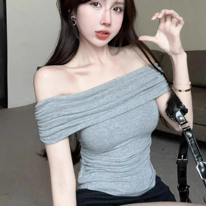 1pcs Girls Off-Shoulder T-shirt Women's Basic Fashion Tee Solid Ladys Short Sleeve Slim Tops Females Sexy Tshirts