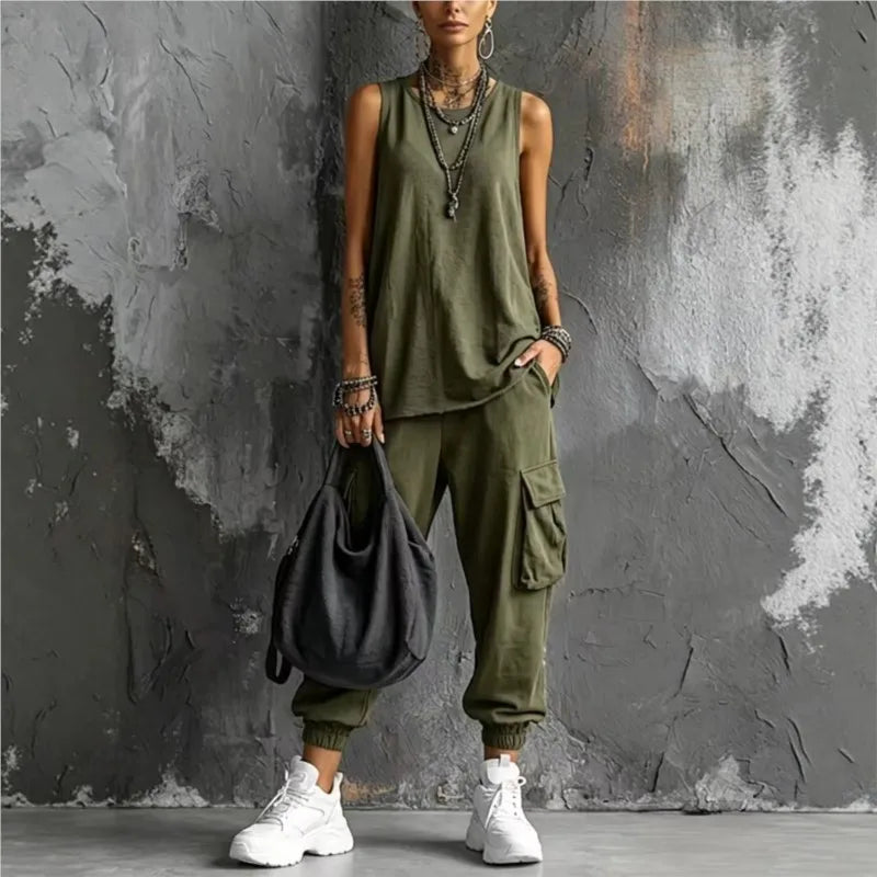 Solid Color Sports Two-piece Set Summer Fashion Sleeveless Top+wide Leg Pants Suit With Pockets Ladies O-neck Streetwear Outfit