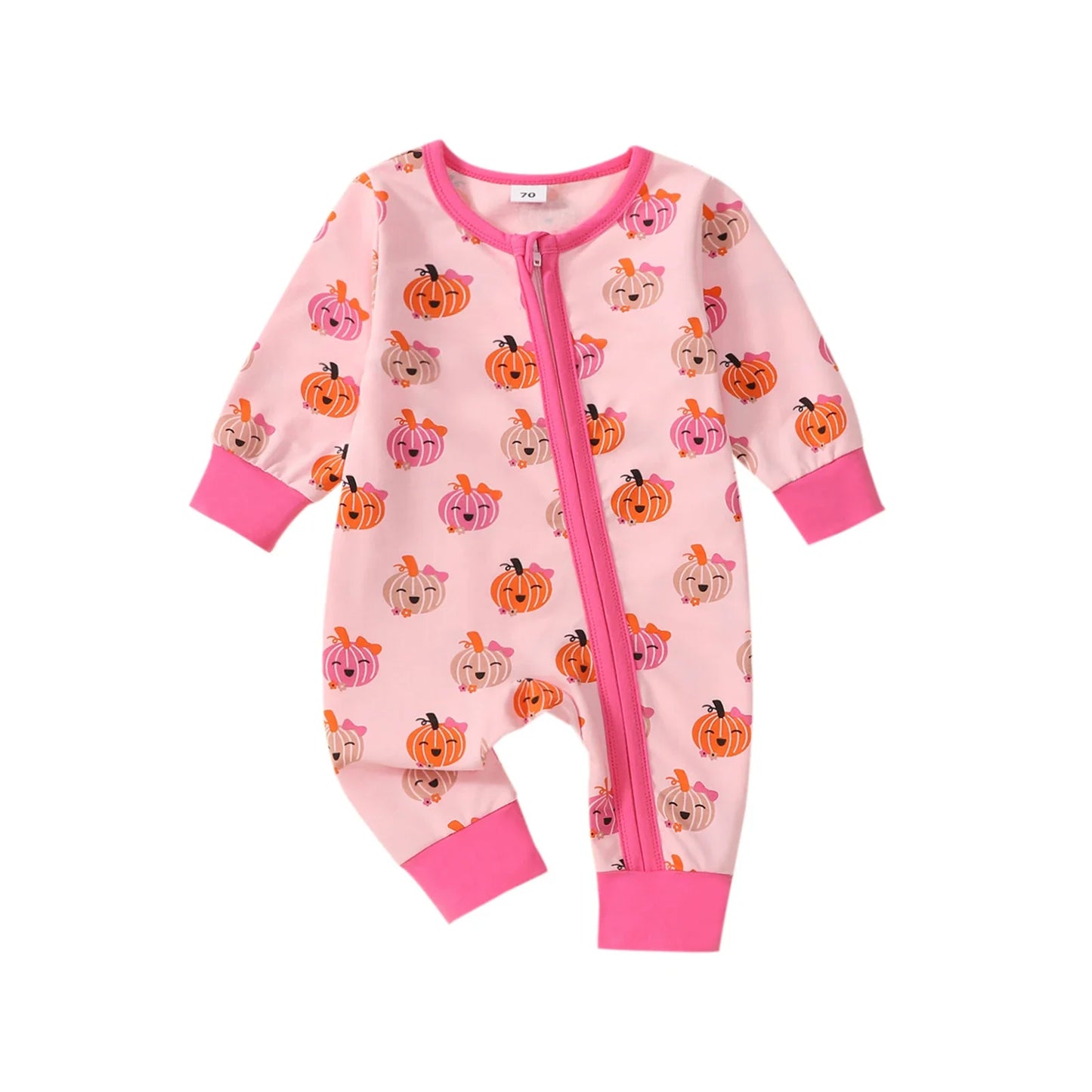 VISgogo Baby Girl Halloween Romper Pumpkin Print Zipper Front Long Sleeve Crew Neck Full Length Jumpsuit Newborn Fall Clothes