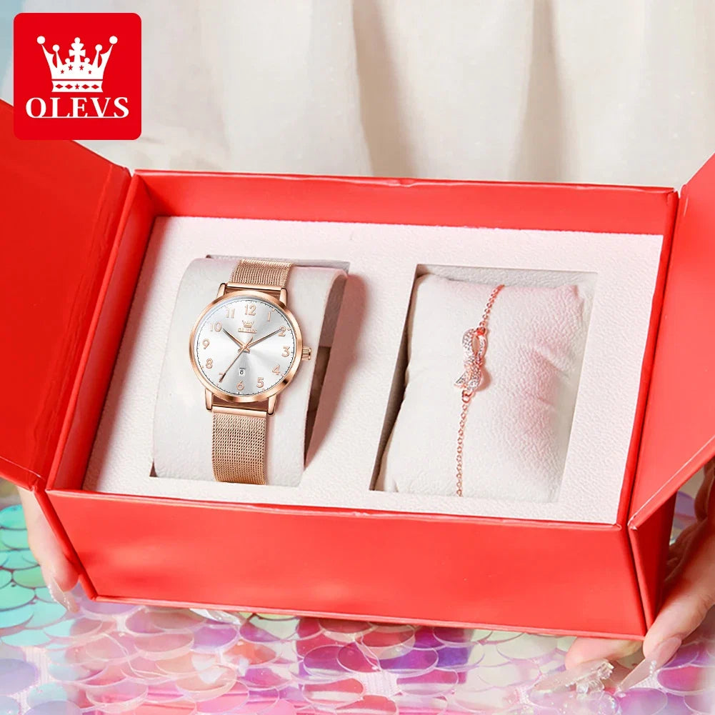 OLEVS 5653 Woman Watches Elegant Original Quartz Watch Waterproof Arabic Numerals Mesh Belt Date Ladies Watch Set Bracelet Watch