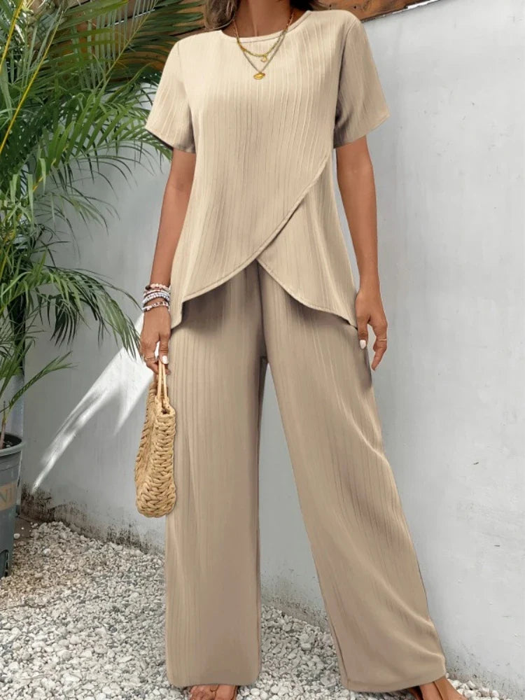 Summer Casual Short Suit Women Fashion Round Neck Short Sleeve Irregular Tops Elastic Waist Shorts 2 Piece Sets Womens Outfits