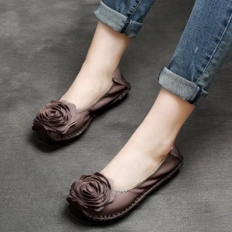GKTINOO Retro Women Shoes Loafers Big Flower Soft Soles Casual Low Heel Luxury Shoes Flats Elegant Genuine Leather Ladies Shoes