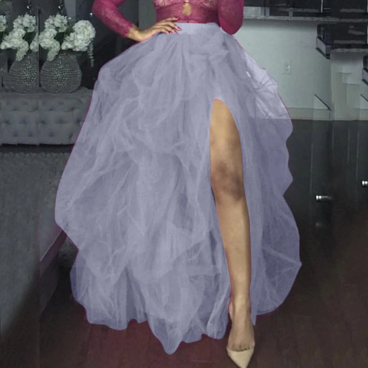 Carnival Tulle Skirts Elastic Waist Layered Puffy Skirt Princess Petticoat High Slit Party Wedding Mesh Tutu Long Skirt Faldas