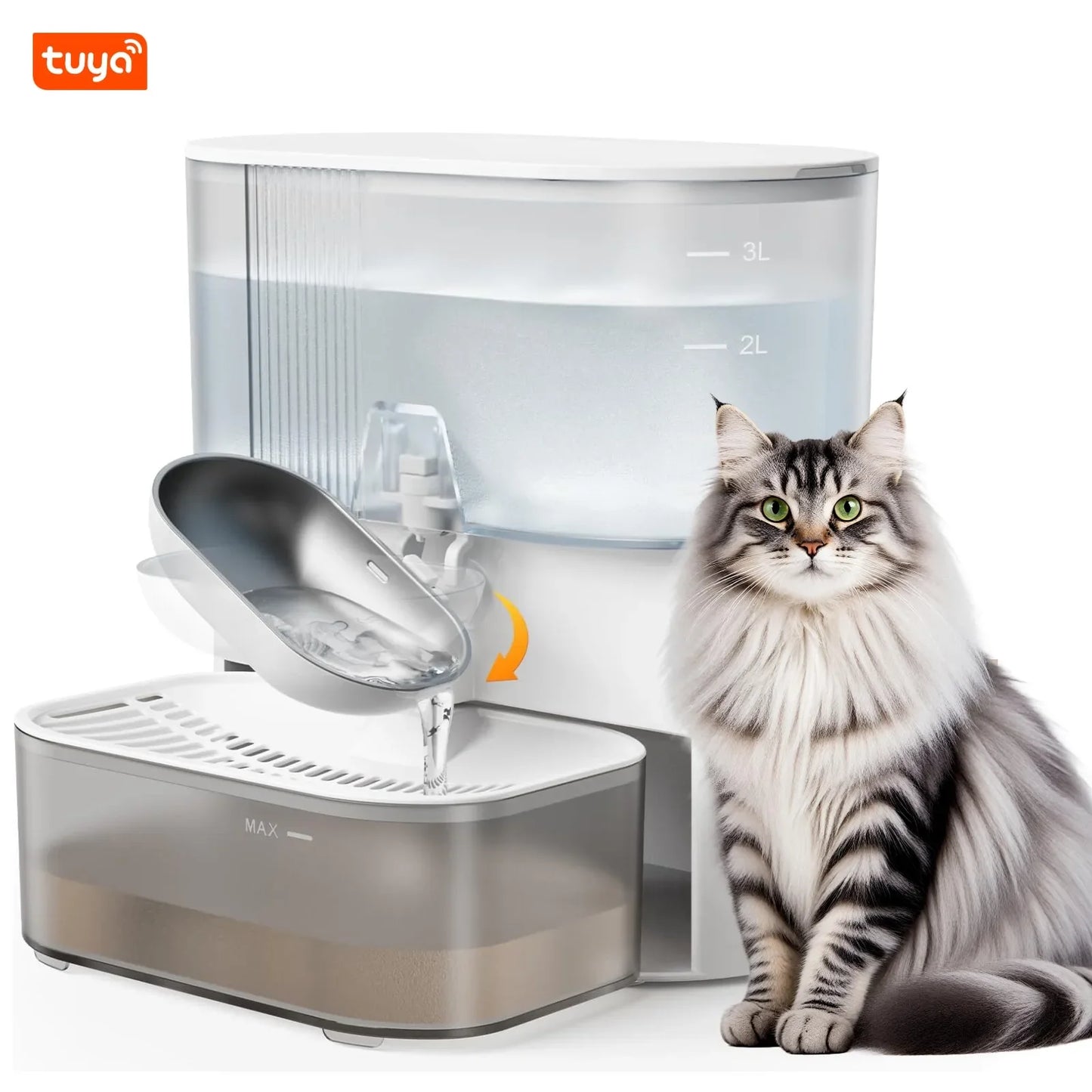 3L Intelligent Timed Pet Water Fountain, Rechargeable Auto Water Dispenser for Cats, Wastewater Separation, No Filter No APP