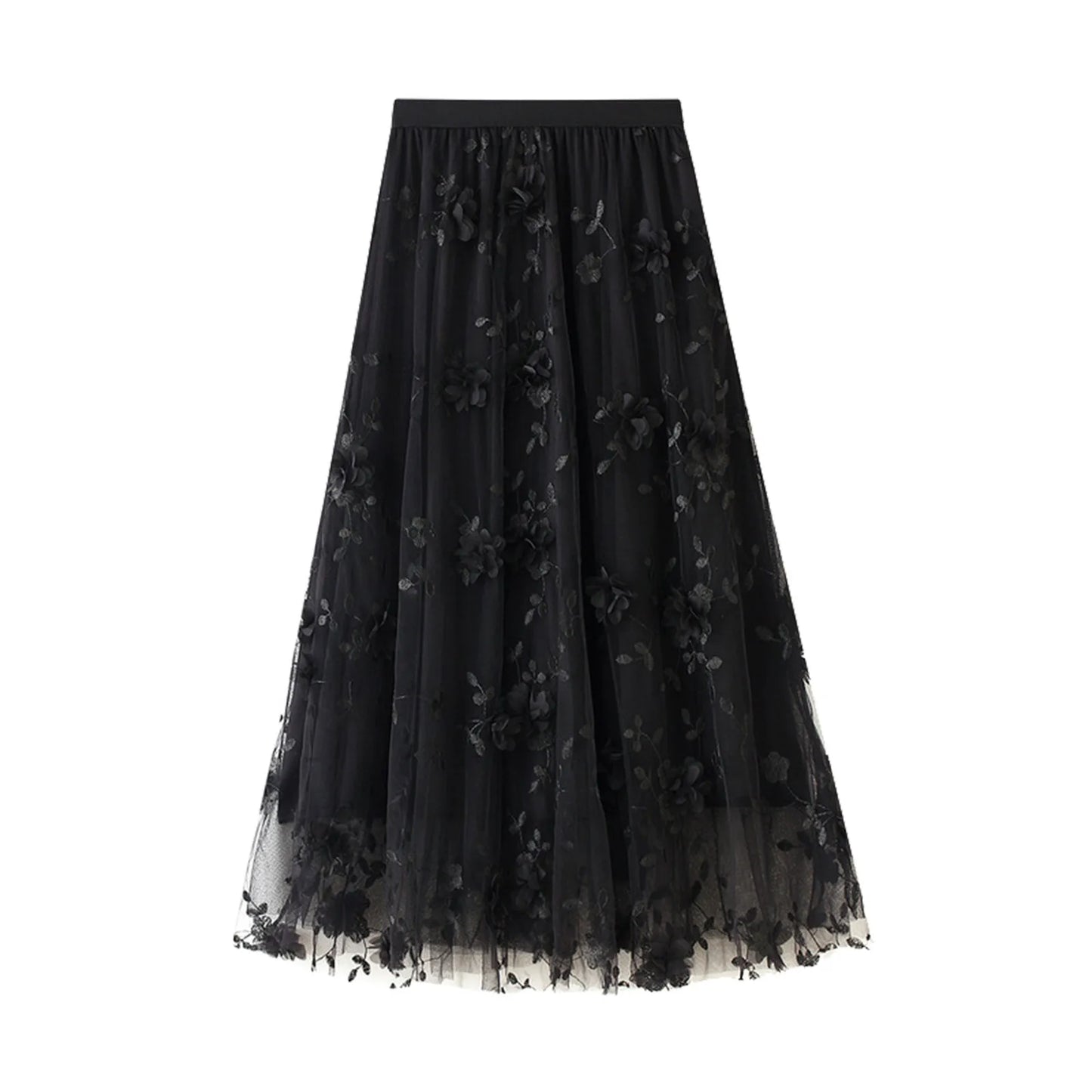 Korean Style Women's Floral Embroidered Mesh Skirt Harajuku High Waist A Line Midi Skirts Elegant Tulle Skirt Faldas Mujer