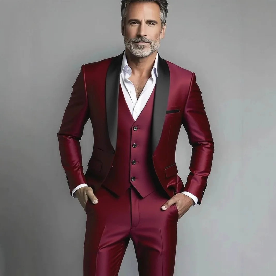 Black White Men Three Pieces Set, Large Size Male Blazer Pants and Vest.