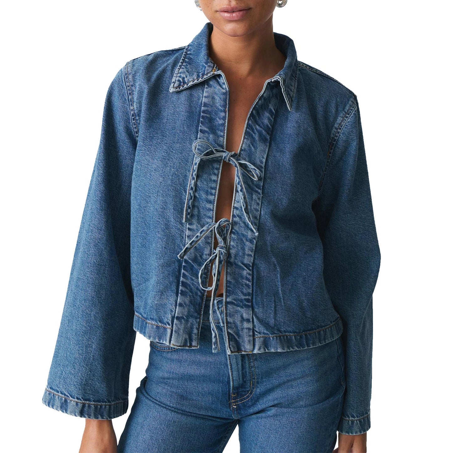 Women s Denim Tie Front Jacket Lapel Neck Solid Color Long Sleeve Casual Crop Fall Coat