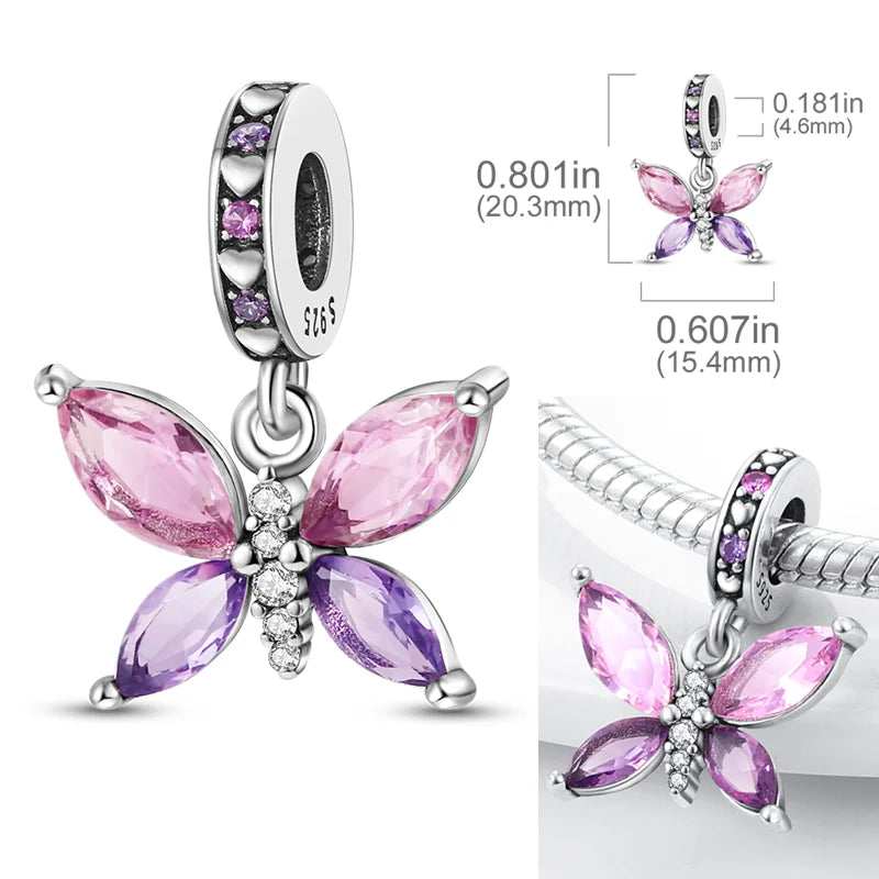 Charms Bead 925 Sterling Silver Pink Butterfly Luminous Firefly Dangle