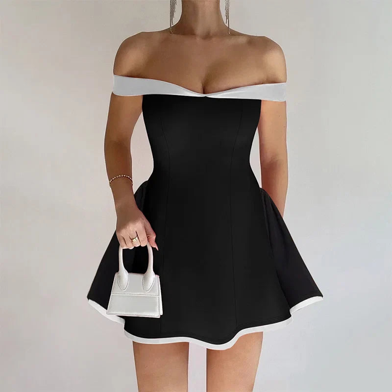 2025summer Off-shoulder Strapless Sexy Mini Dress Women Fashion Patchwork Sleeveless Backless High Waist A-line Club Party Dress