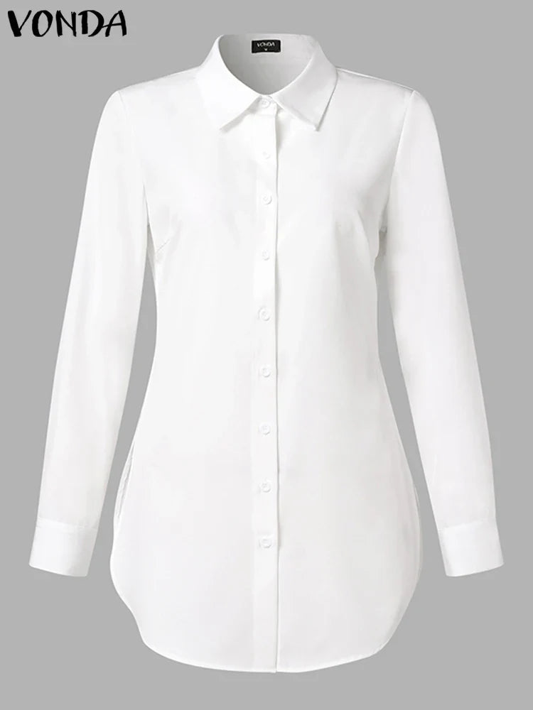 2023 VONDA Casual Shirts Autumn Women Buttons Long Sleeve Blouses Asymmetrical Hem Loose Tops Ladies Solid Color Elegant Blusas