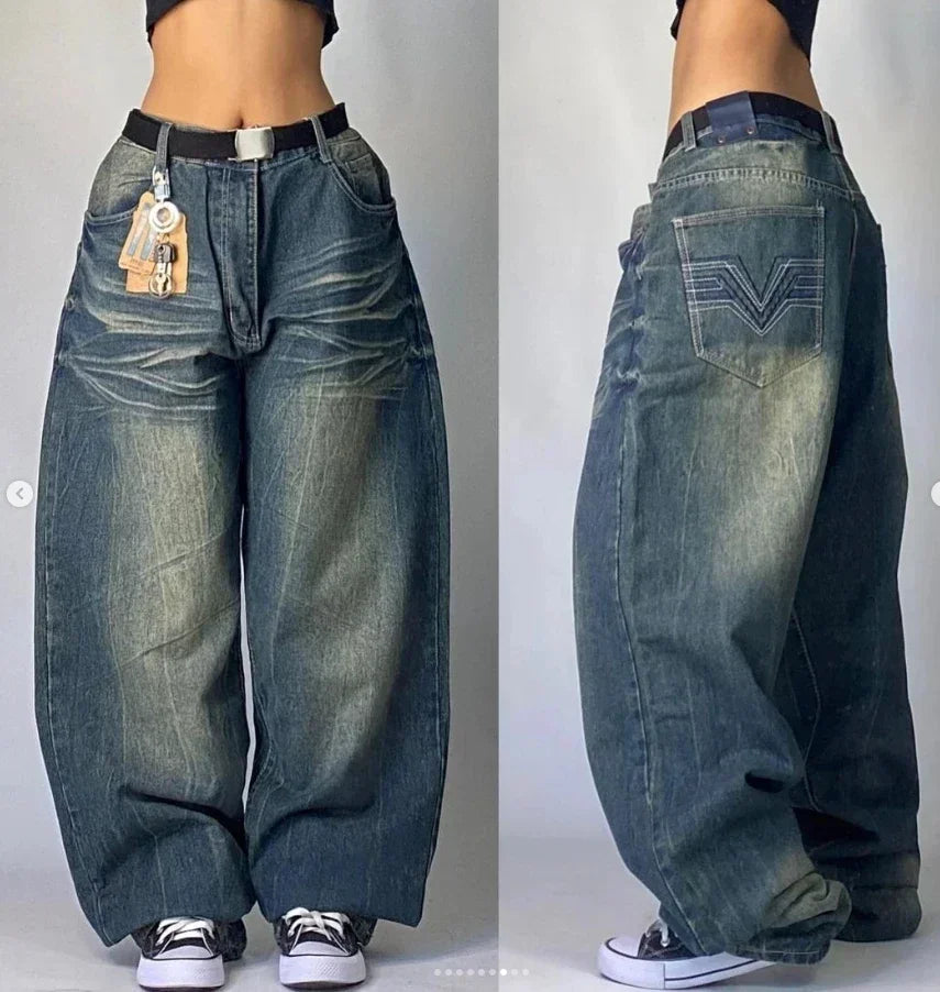 Street Y2K New Fashion Straight Loose Jeans Women Harajuku Casual Joker Low Waist Slim Mopping Wide-leg Pants Couple Punk Jeans