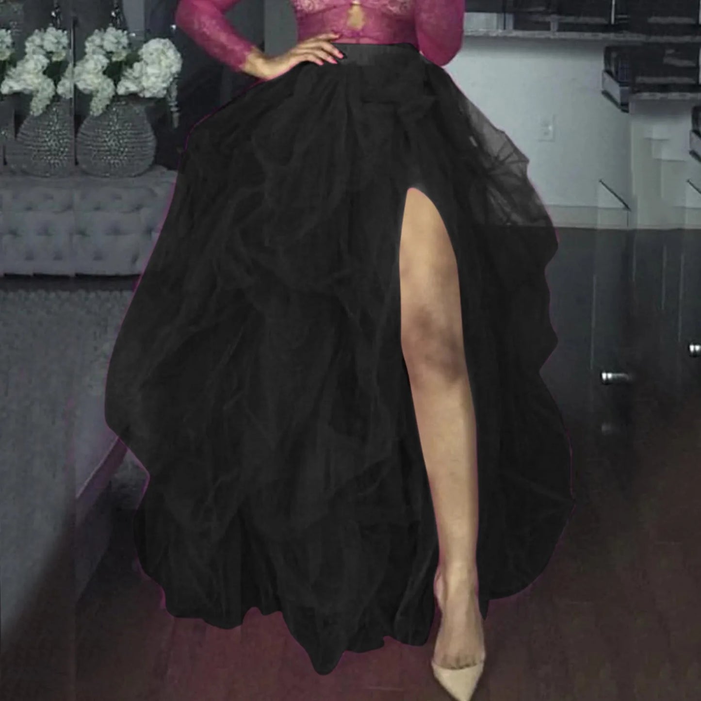 Carnival Tulle Skirts Elastic Waist Layered Puffy Skirt Princess Petticoat High Slit Party Wedding Mesh Tutu Long Skirt Faldas
