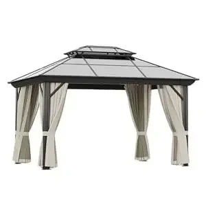 Polycarbonate Double Roof Pavilion Pergola Canopy with Privacy Curtains and Aluminum Frame, 10' X 13' Hardtop Permanent Gazebo