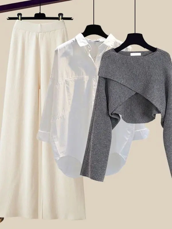 Fall Winter Knitwears 3 Pieces Set For Women Plaid Knitted Vest+solid Blouse+wide Leg Knitting Pants Sets Women Outfits 2024