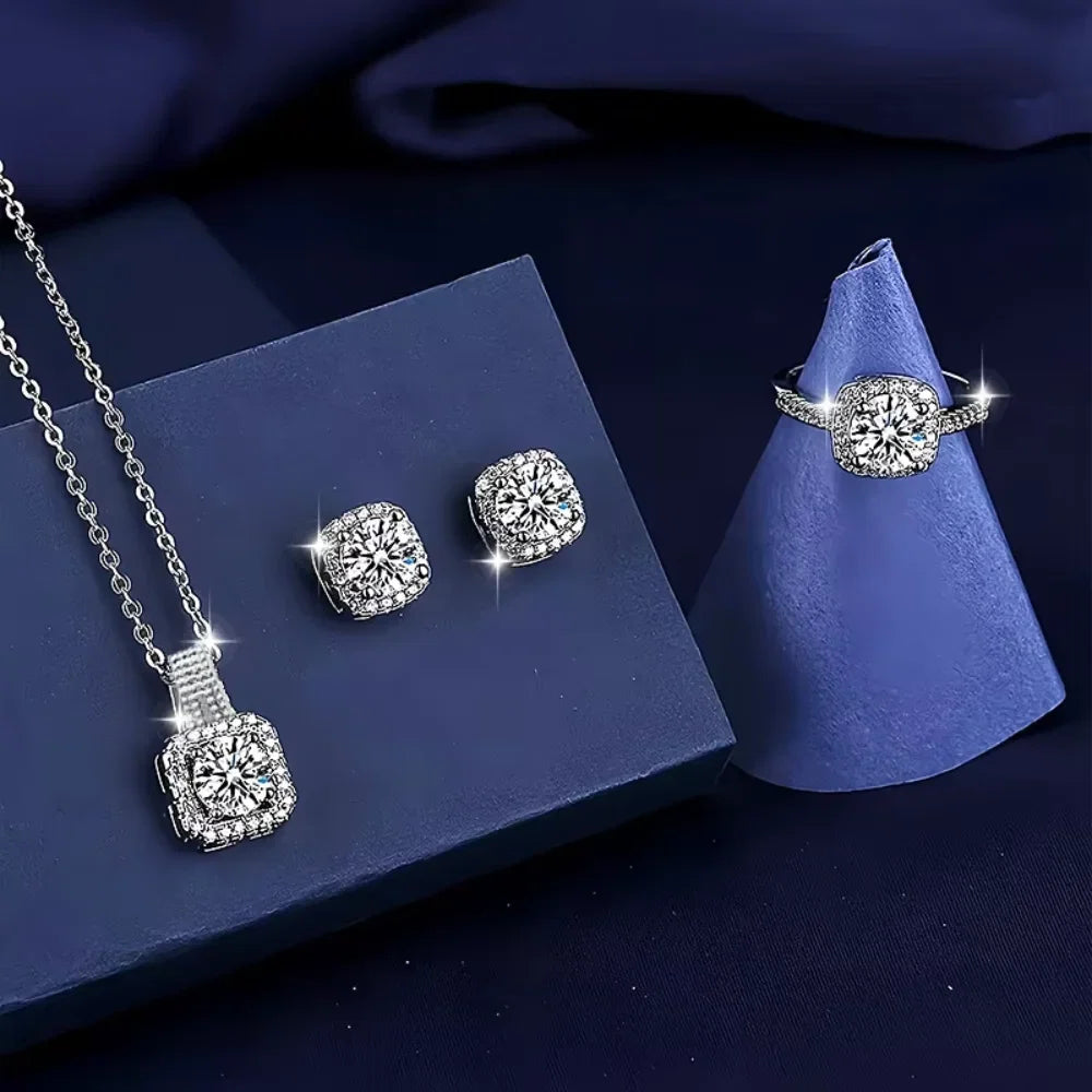 3pcs Set Luxury Brand Shiny Geometric Square Zircon Necklace Earring