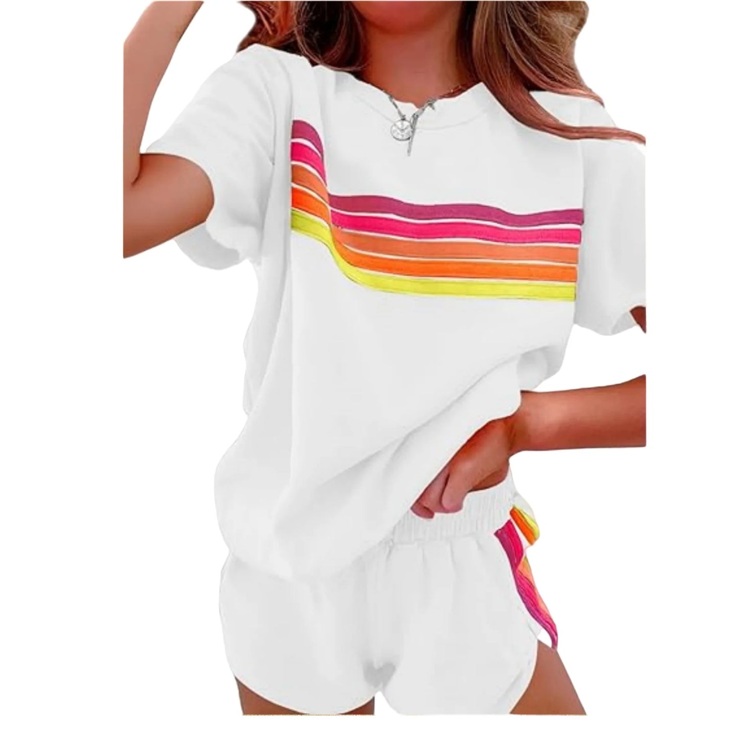 Women Casual Sports Outfits Summer Outdoor Comfortable Cool Shorts Tracksuit 2pcs Set Urban Fashion Stripe Top Suit Streetwear
