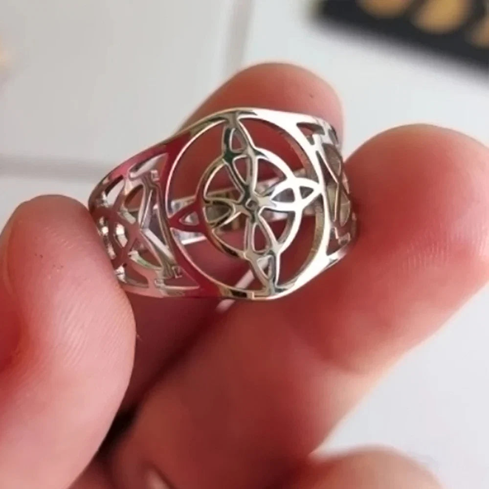 LIKGREAT Witch Knot Ring for Women Men Hollow Stainless Steel Finger Rings Celtic Vintage Amulet Protection Couple Jewelry Gifts