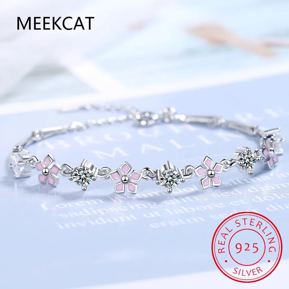 925 Sterling Silver Moissanite Gemstone Bracelet for Women Lab Diamond Pink Enamel Sakura Bracelet for Engagement Party Gift