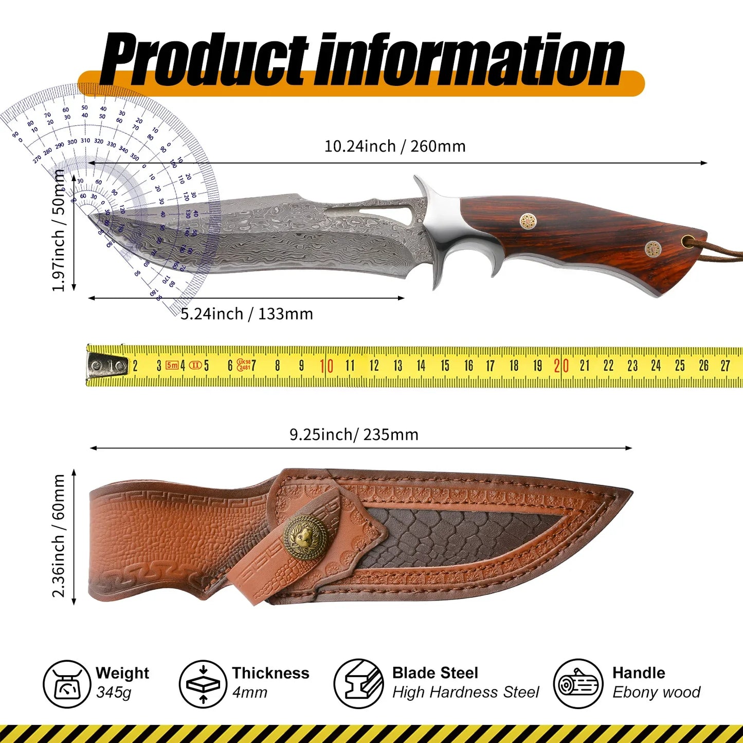 A Large Damascus Handmade Forged Knife - Fixed Blade, Wooden Handle and Leather Sheath, Convenient to Carry, Quick Cutting