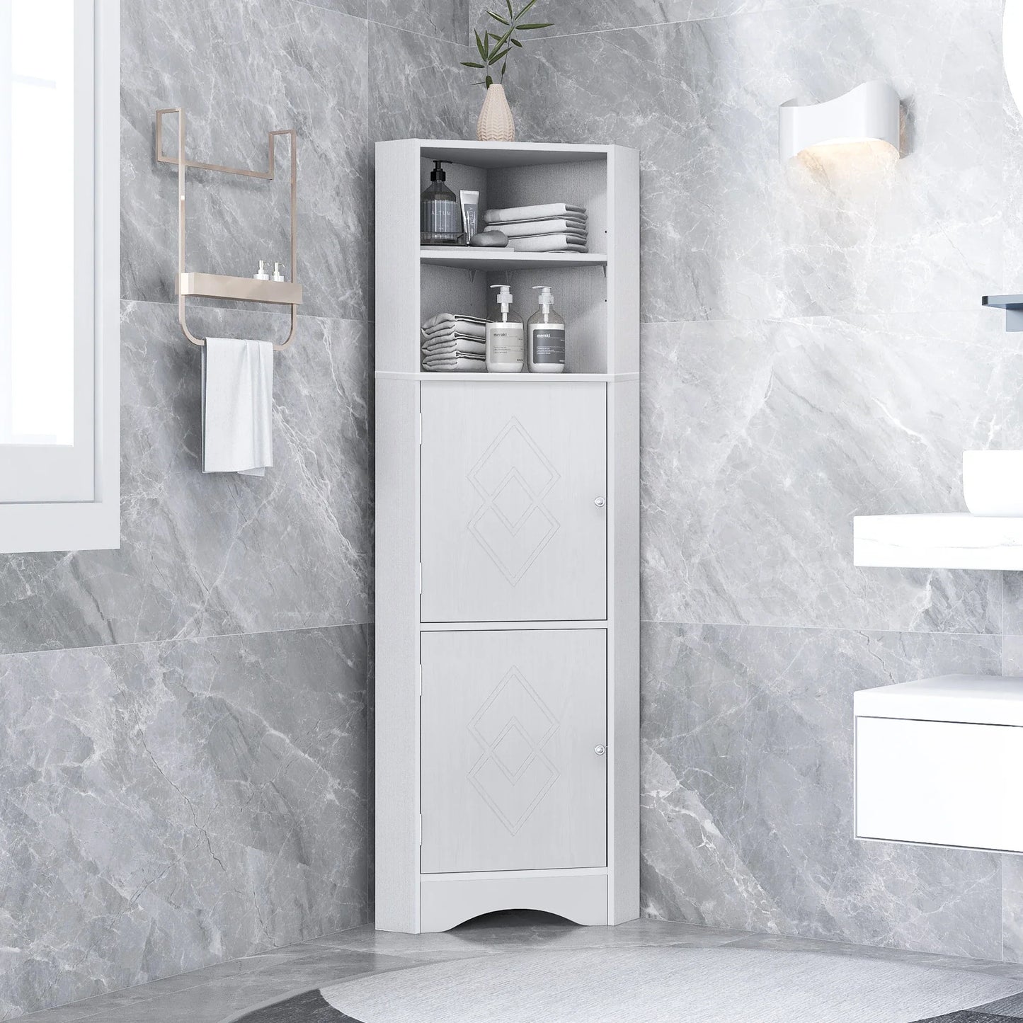 Tall Bathroom Corner Cabinet, Freestanding Storage with Doors, and Adjustable Shelves.