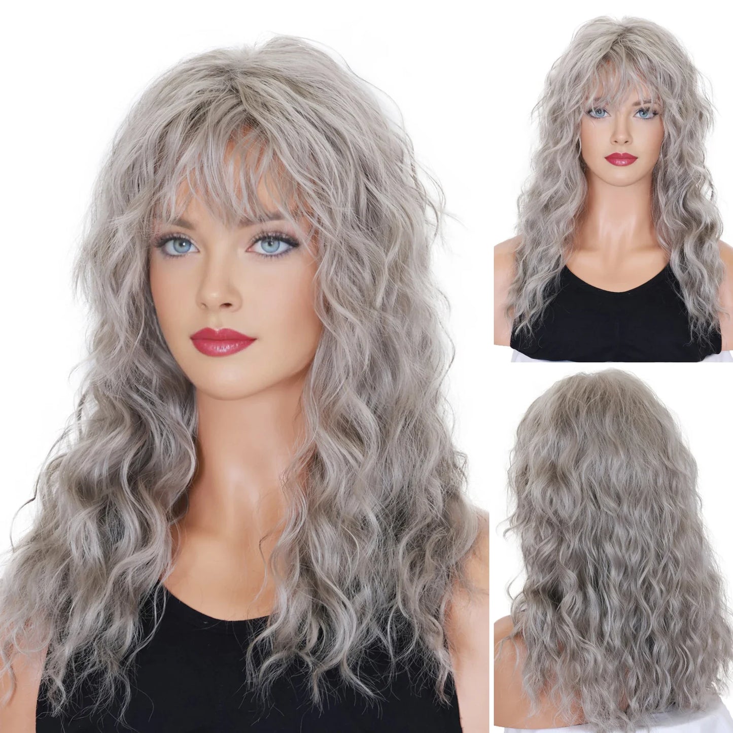 BCHR Grey Wigs with Bangs Long Curly Synthetic Wigs for Women Daily Cosplay Party Halloween Costume (Grey 20Inches)