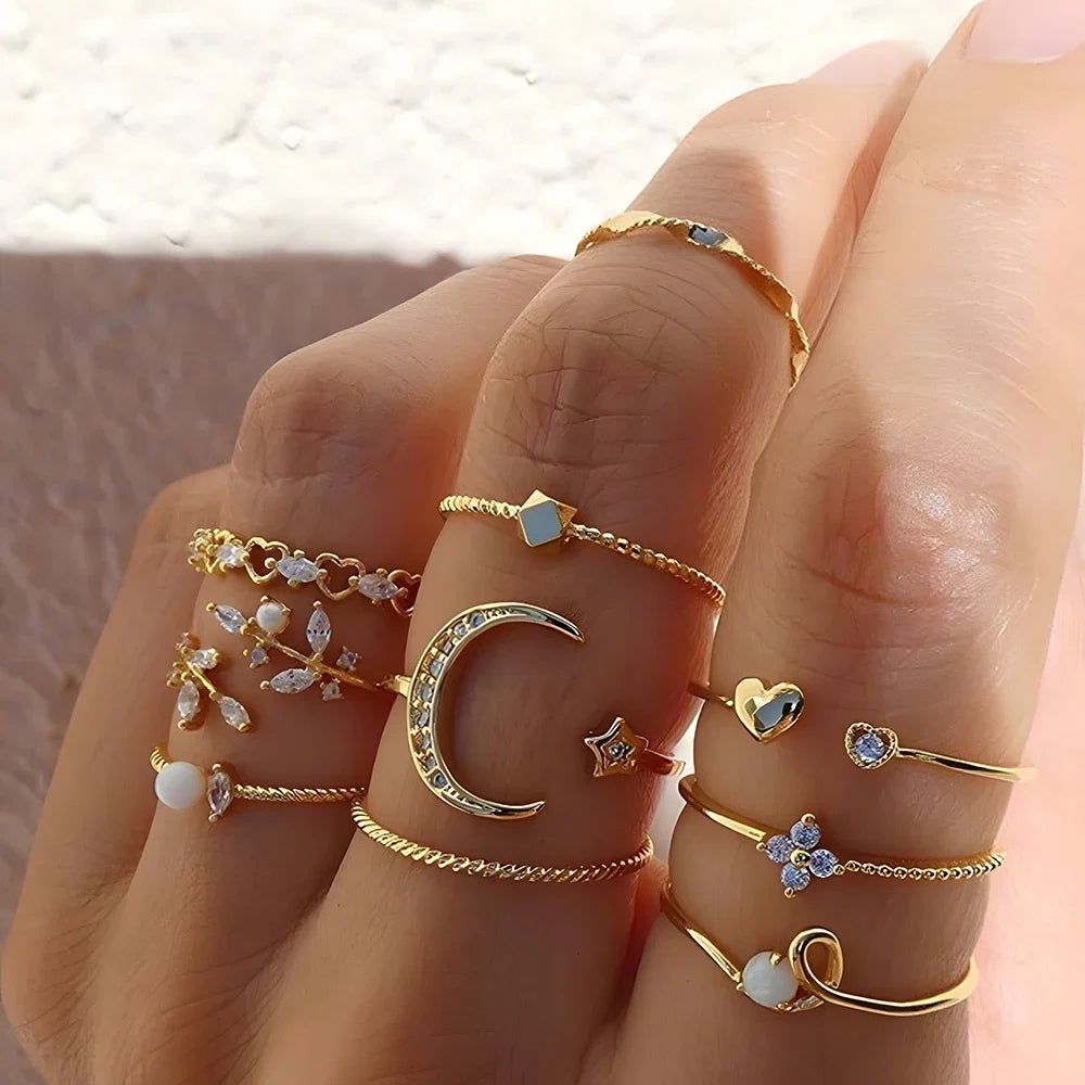 10pcs Rings Suit for Women Gold-Color Chain Ring Set Bohemian Style